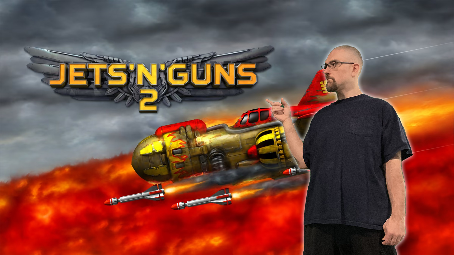 Jets'N'Guns 2 promotional image featuring a man standing next to a fiery background with a spaceship from the game. The game's logo is prominently displayed, showcasing the action-packed space shooter.