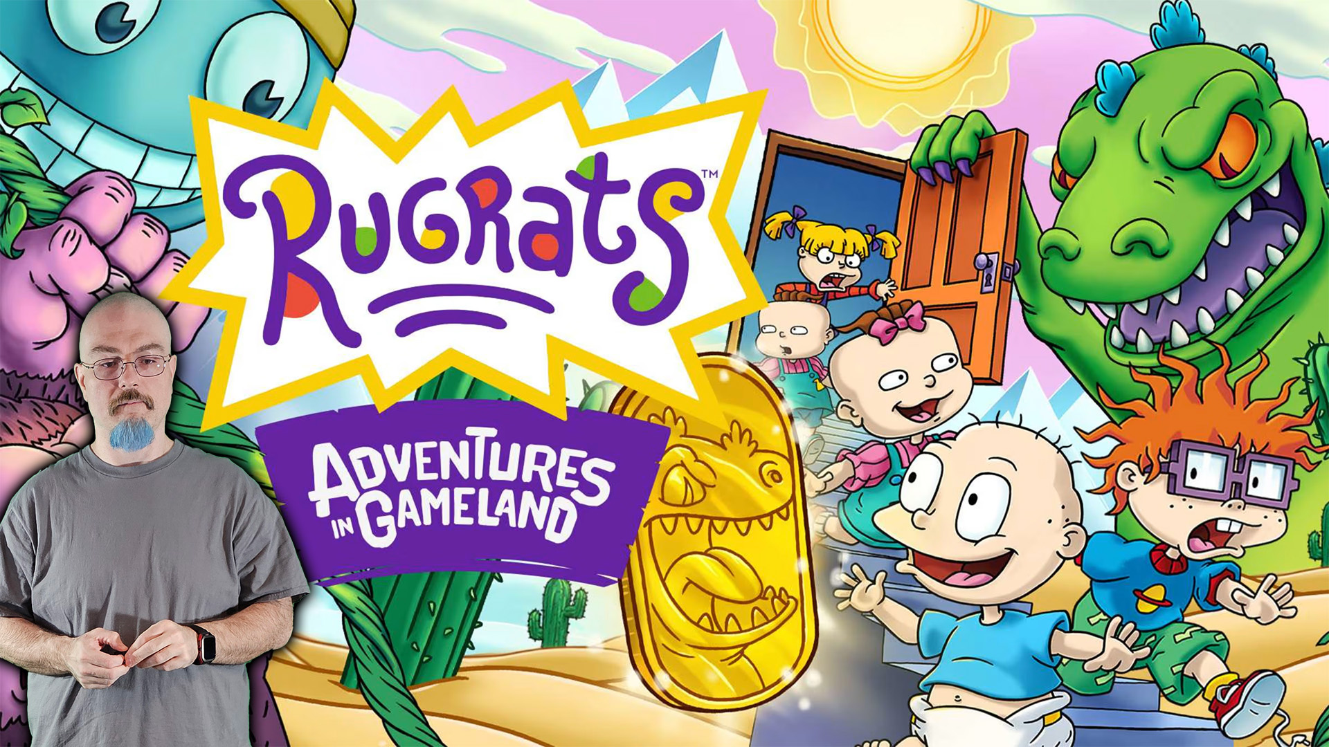 Rugrats Adventures in Gameland thumbnail: A man with a blue-tinted beard stands next to the game's logo. Tommy, Chuckie, and other Rugrats characters are featured with video game elements like a gold coin and pixelated backgrounds.