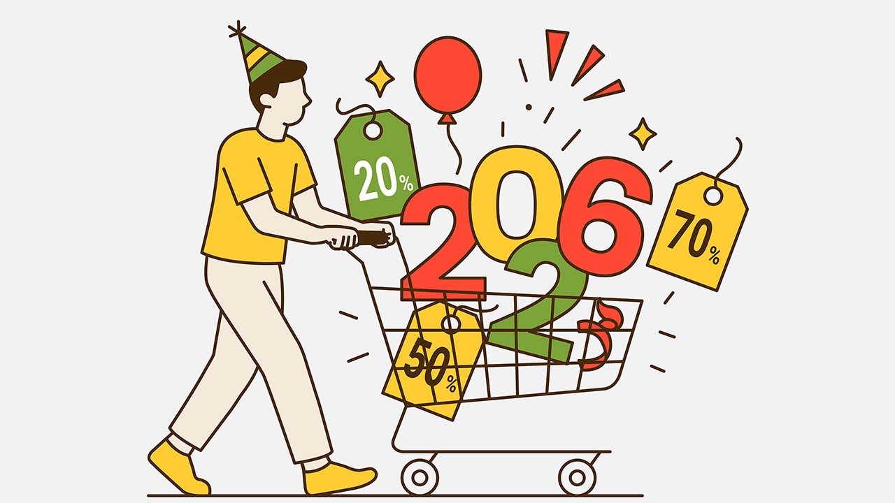 Cartoon of a shopper in a party hat pushing a cart full of the year
