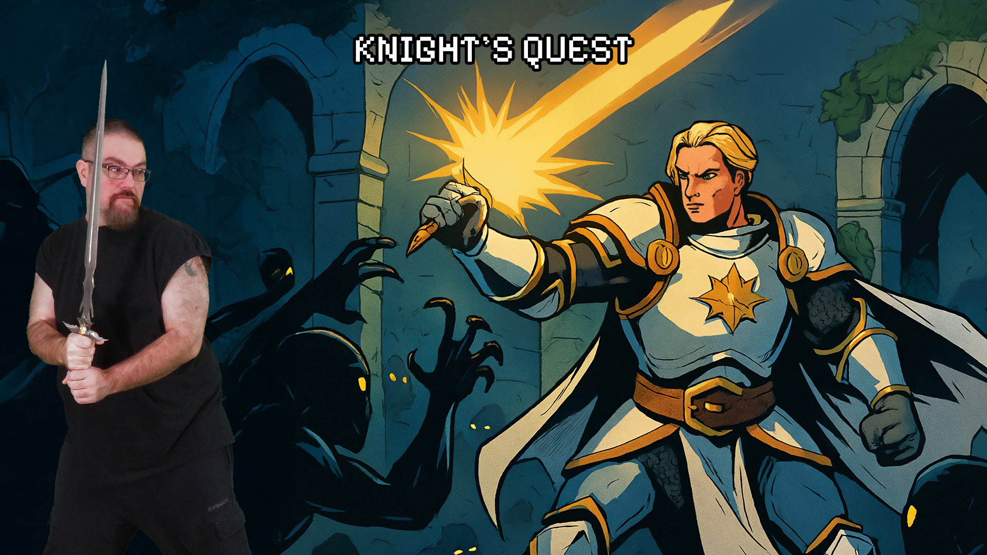 A man in a black t-shirt holds a sword next to 