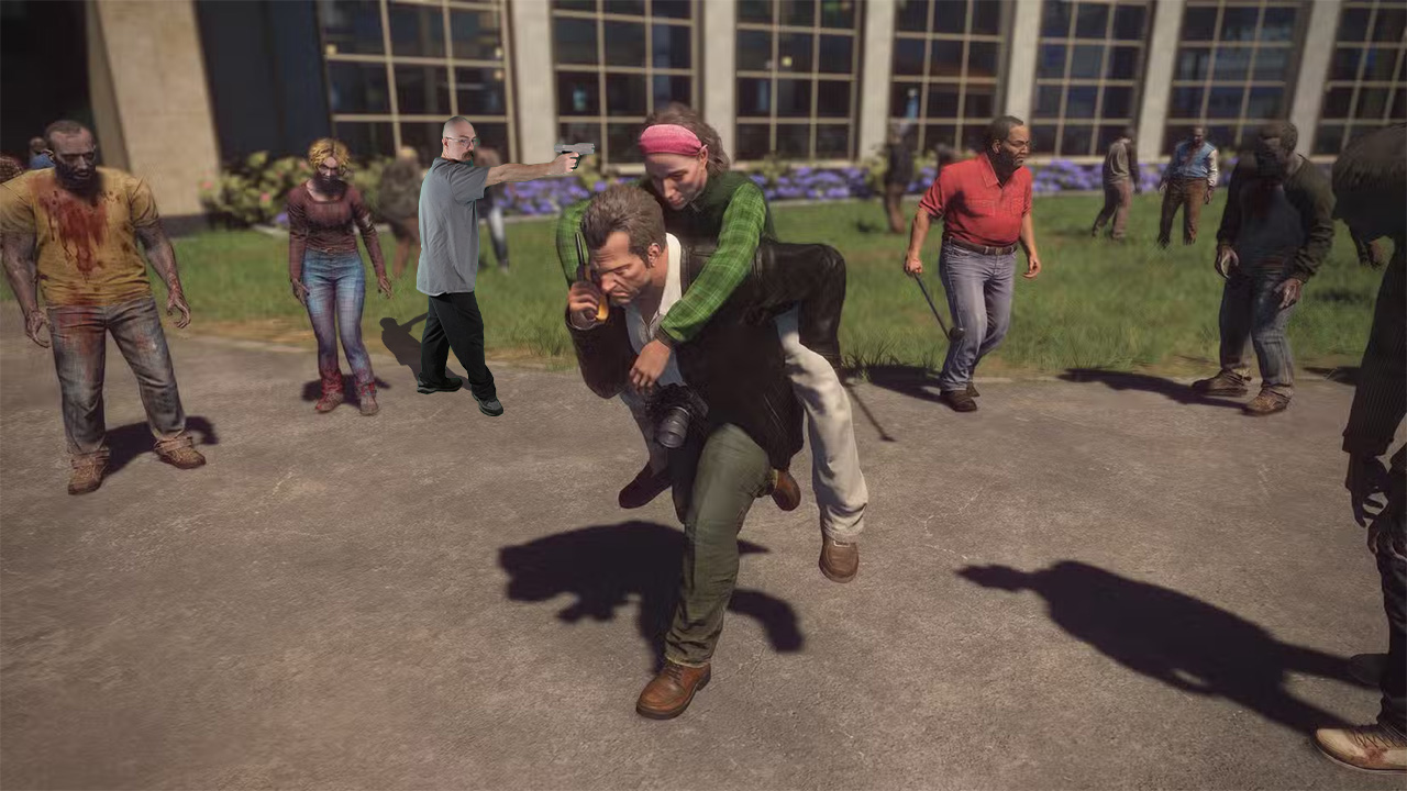 A man carries a woman piggyback through a zombie horde, while another man aims a gun. This scene evokes the action of a zombie game like Dead Rising Deluxe Remaster.